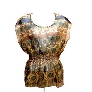Passport womens peasant blouse S small green brown sheer geometric boho top
